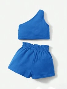 SHEIN Conjunto De Ropa De Bebé Para Niña, Top Sin Mangas Y Pantalones Cortos Con Un Solo Hombro, Color Sólido - Azul - Ver 2