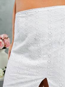 SHEIN BAE 大码女式刺绣开衩裙 - 白色 - 查看 5