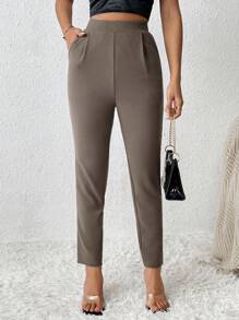 SHEIN PETITE Pantaloni Da Donna A Tinta Unita, Taglio Regolare Con Tasche - Caffè Marrone - Visualizzare 4