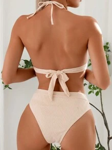 SHEIN Swim Conjunto De Bikini Con Top Halter Y Parte Inferior De Triángulo De Color Liso - Beis - Ver 3