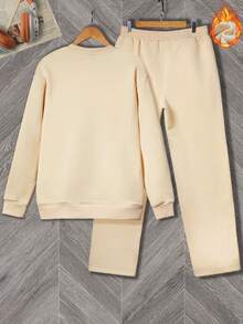 Manfinity Homme 男式两件套保暖内衬纯色运动衫和运动裤 - 杏色 - 查看 2