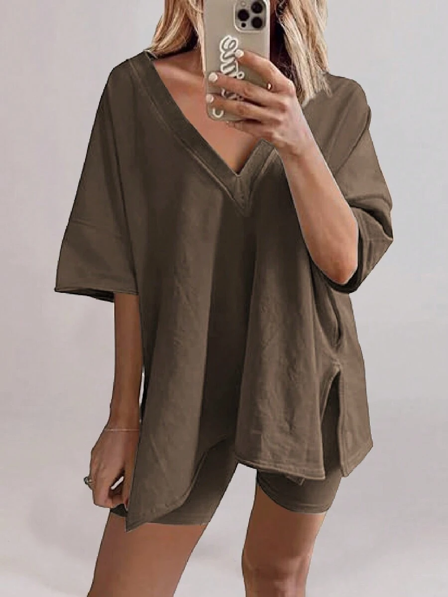 Conjunto Coordinado De Camisa Y Shorts Para Descansar Con Cuello En V - Marrón - Ver 1