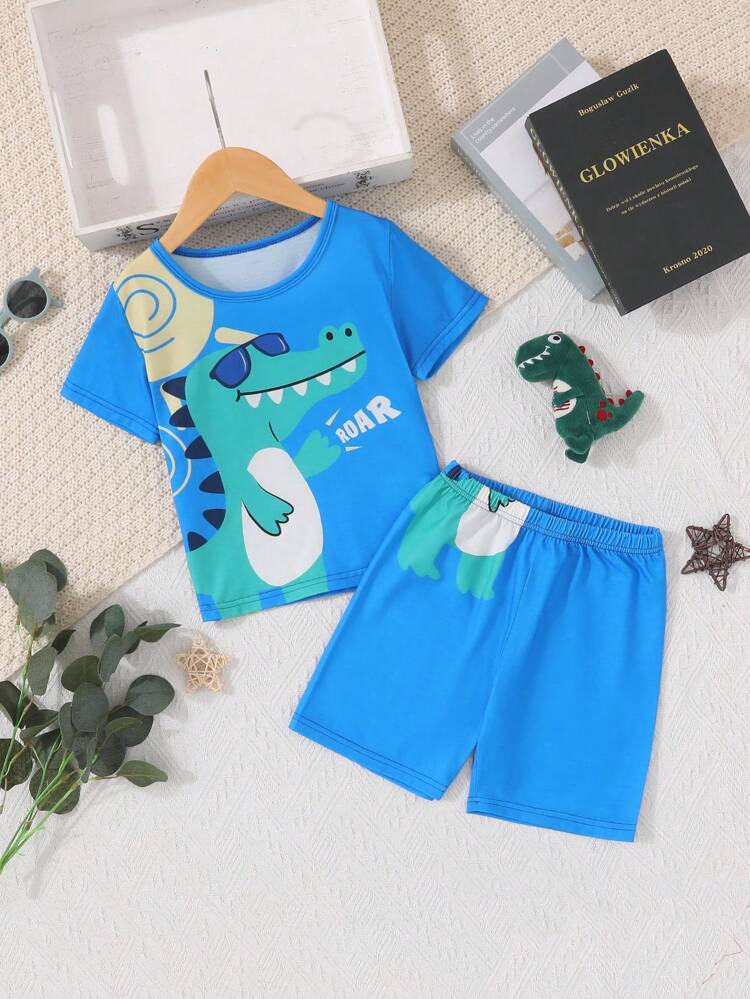 Young Boys' Blue Cartoon Dinosaur Printed Short Sleeve T-Shirt And Shorts Homewear Set