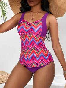 Swim Lushoire Carnaval De Bikini Estilo Chaleco Con Estampado Geométrico Para Mujer