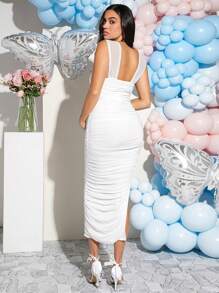 Loomaby Elegante vestido ajustado y largo para mujeres embarazadas para la fiesta de baby shower, vestido de maternidad - Blanco - Ver 2