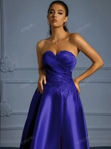 VIPGIRL Elegant Satin Strapless A-Line Gown With High Slit And Sequin Detail,Evening Dress Elegant,Women Evening Party Dress, Prom Dresses For Women,Formal Dress