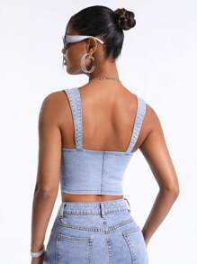 SHEIN BAE Front Zipper Bustier Denim Top - Blue - View 2