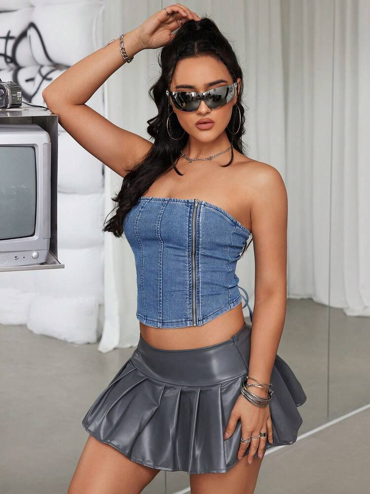 Women's Zipper Front Strapless Denim Top