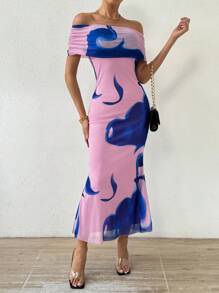 Calvaya Vestido De Sirena Con Escote Descubierto Y Estampado Para Mujer