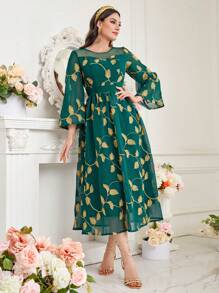 Modelyn Women's Floral Leaves Embroidery Trumpet Sleeve Dress Long Evening Dresses Fall Cloth For Women - Green - View 8
