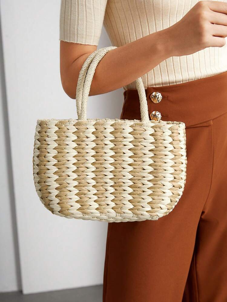 Versatile Women's Boho Color Block Handbag Straw Bag, For Vacation