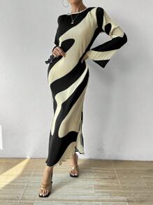 Chiquease 女式印花喇叭袖长款连衣裙