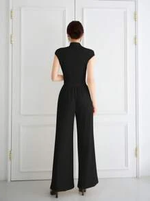 EastFlair Bộ đồ hai mảnh phong cách Trung Hoa mới cho quý cô có cổ sườn xám, áo bất đối xứng có nút đĩa trang trí và quần dài thẳng rộng rãi có họa tiết - màu đen - Xem 2