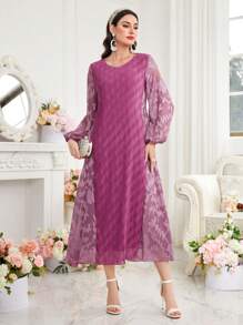 Modelyn 女士 V 领提花灯笼袖连衣裙（无腰带）长款晚礼服 - 紫色 - 查看 8