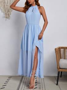 SHEIN VCAY Vestido De Cuello Halter Con Abertura Alta En Color Sólido Y Sexy Para Damas - Celeste - Ver 3