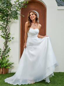 YUMIBRAVO 法式褶皱紧身胸衣薄纱拖尾婚纱白色优雅新娘礼服，新娘 - 白色 - 查看 6