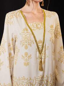 Layrah 女士金色编织带装饰阿拉伯风格 Jalabiya 连衣裙，带流苏，优雅奢华晚会风格