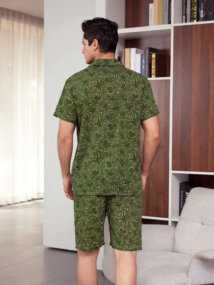 Men's Dark Green Animal Print Regular Sleeve Collar Pajama Set Gentleman Loungewear