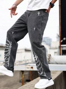 Manfinity LEGND Quần Jean Denim Nam Có Họa Tiết Logo Chữ Thập Và Túi Xéo Baggy Long Washed Dark Jean Cargo Đồ Họa Xám Trơn Đi Làm Dạo Phố Bạn Bè - màu đen - Xem 6