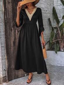 Breezaya Của phụ nữ Ren Vá lại Đàn hồi Cổ tay áo Eo dây rút Đầm - màu đen - Xem 1