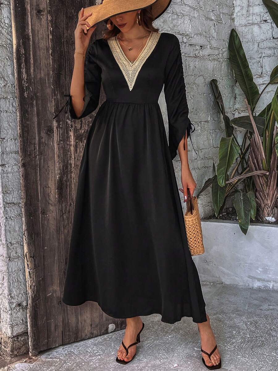 Breezaya Của phụ nữ Ren Vá lại Đàn hồi Cổ tay áo Eo dây rút Đầm - màu đen - Xem 1