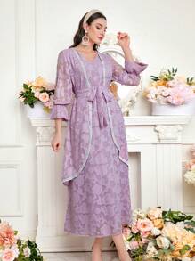 Modelyn 女士拼色装饰喇叭袖系带提花连衣裙长款晚礼服 - 淡紫色 - 查看 6