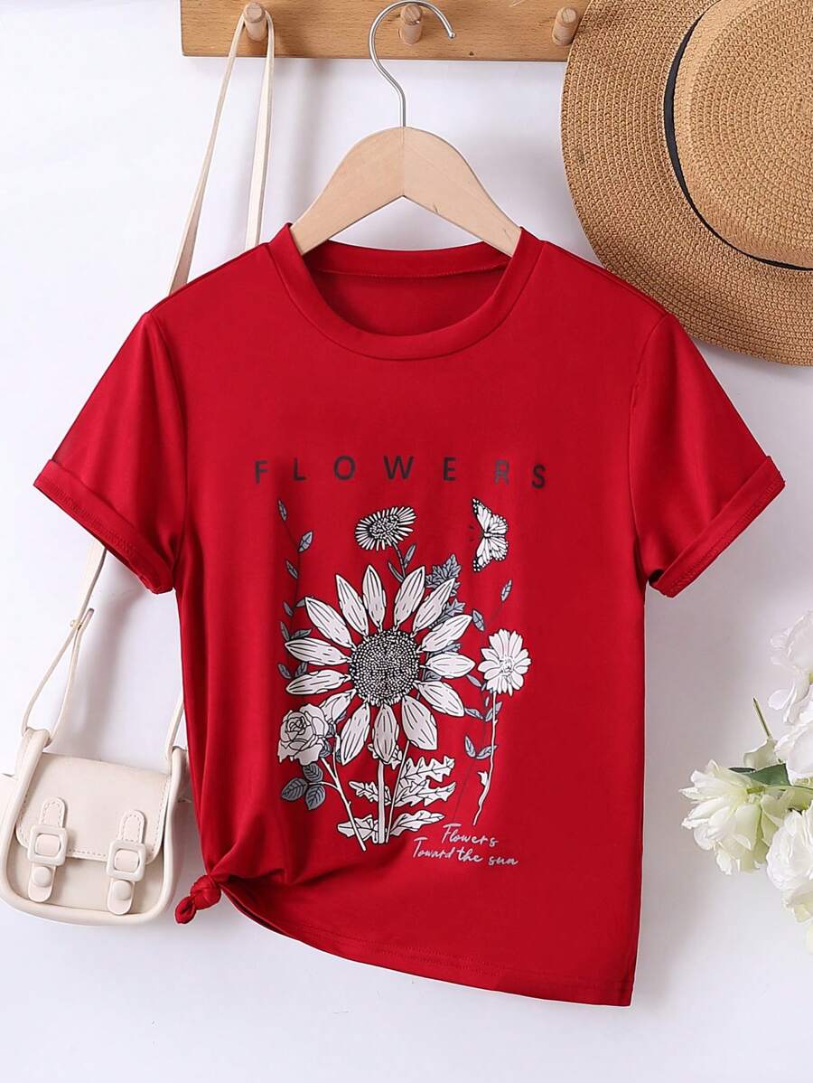 SHEIN Cô gái Tween Lá thư & Hoa In Ngắn tay Áo thun - Màu Đỏ Sâu - Xem 1