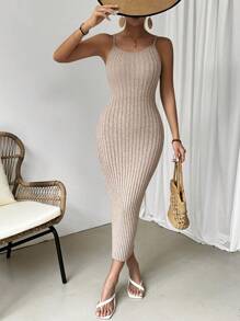 Chiquease Solid Ribbed Knitted Slim Fit Spaghetti Strap Dress - Apricot - View 3