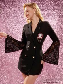 Marilyn Monroe X SHEIN Portrait Patched Lace Trumpet Sleeve Blazer - Black - View 5