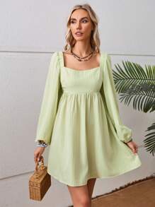 GENKIRA Square Neck Lantern Sleeve Dress - Green - View 3