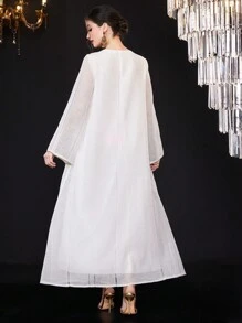 Al Najma Ladies' Sequined Patchwork A-Line Turkish Long Robe Eid Dress Kaftan Jalabiya Dress - White - View 2