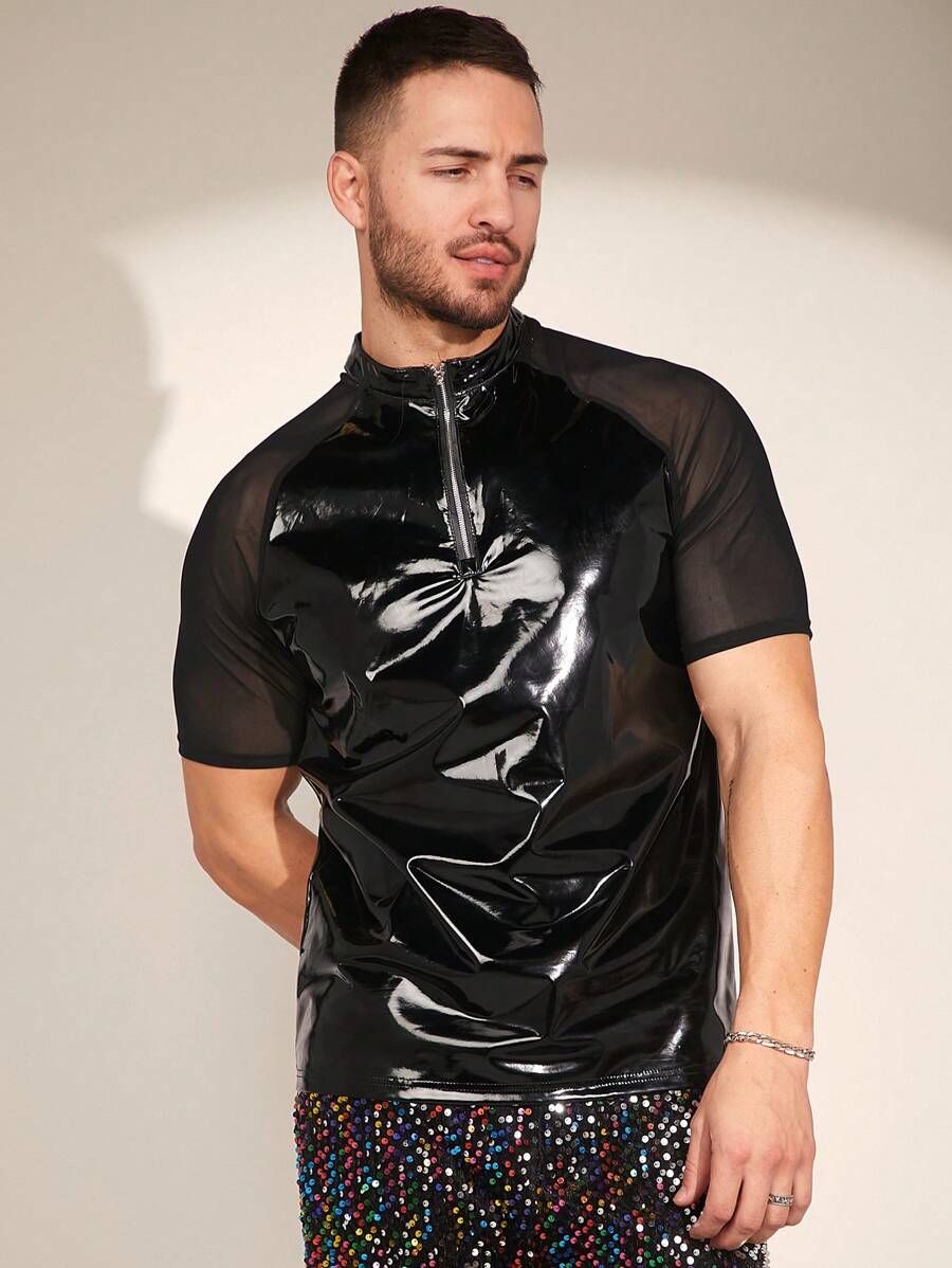 FeverCity Men's Mesh Raglan Short Sleeve Knitted Casual Polo Shirt - Black - View 1