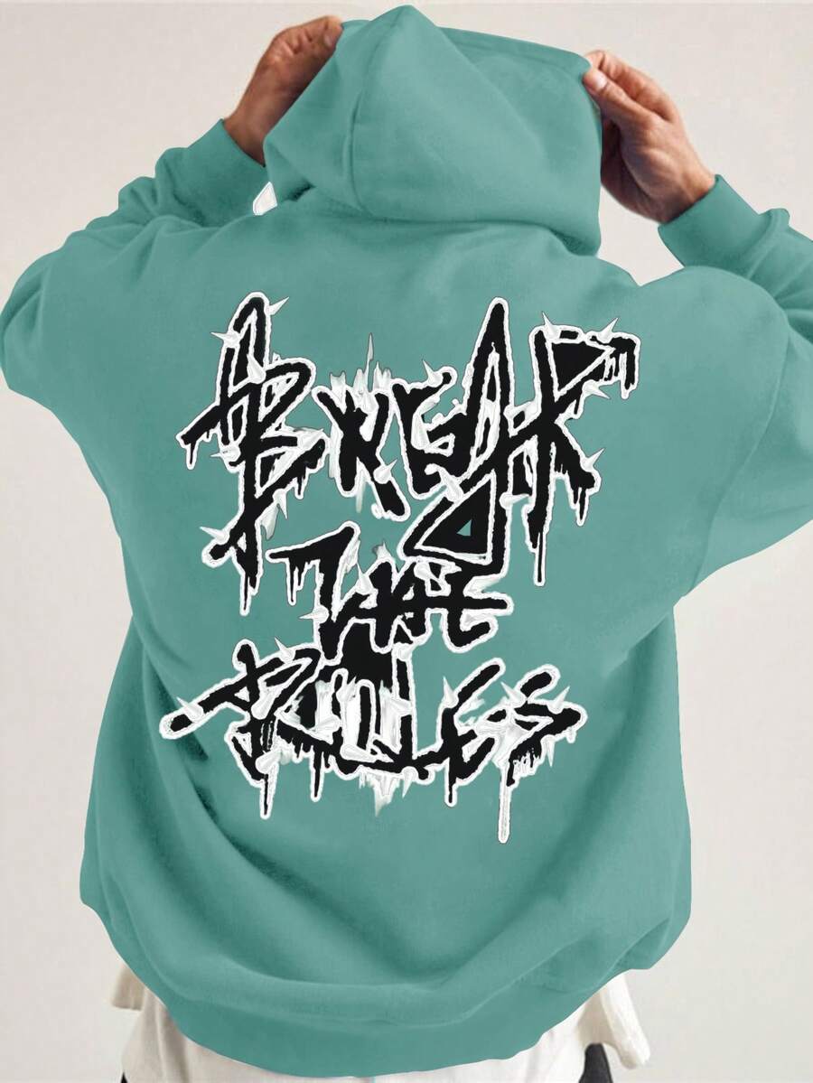 RueChic Men'S Letter Printed Fleece Hoodie With Drawstring - Mint Green - View 1