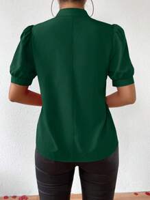 SHEIN Clasi 女士中式泡泡袖扣緊襯衫 - 墨綠色 - 查看 2