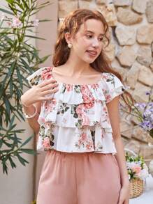 SHEIN Teen Girl's Floral Print Multi-Layer Ruffle Trim Shirt With Slanted Pockets And Long Pants Casual 2-Piece Set