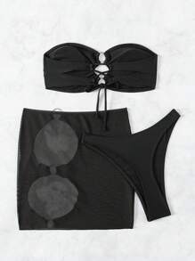 SHEIN Swim 女士纯色露肩比基尼套装夏季海滩 - 黑色 - 查看 4