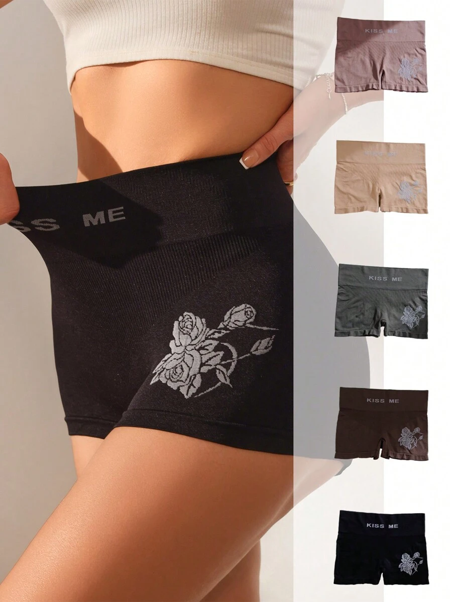 Boxer Con Estampado De Letras Y Flores Para Mujer (conjunto De 5 Piezas) - Multicolor - Ver 1