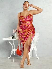 SHEIN BAE Kích thước lớn Của phụ nữ Đầy màu sắc In hoa Váy dây treo Với Dây đai mỏng Đối với Mùa xuân/Mùa hè Kỳ nghỉ - trái cam - Xem 4