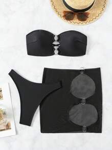 SHEIN Swim 女士纯色露肩比基尼套装夏季海滩 - 黑色 - 查看 3