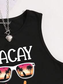 SHEIN ChicEase Camiseta de tirantes de mujer con cuello redondo y estampado de palmera y letras - Negro - Ver 4