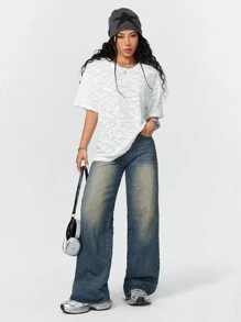 SHEIN EZwear Thư được vá Áo thun Thả vai - trắng - Xem 4