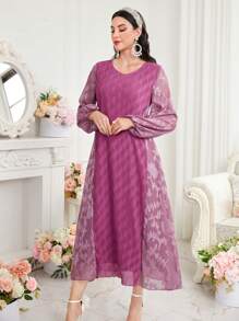 Modelyn 女士 V 领提花灯笼袖连衣裙（无腰带）长款晚礼服 - 紫色 - 查看 1