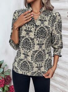 SHEIN Clasi Women's Fashionable Printed Shirt With Notched V-Neck And Single Breasted Button Closure - Multicolor - View 5