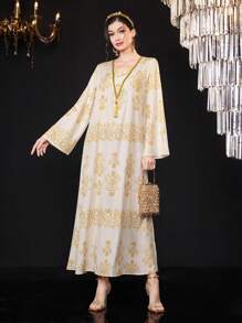 Layrah 女士金色编织带装饰阿拉伯风格 Jalabiya 连衣裙，带流苏，优雅奢华晚会风格