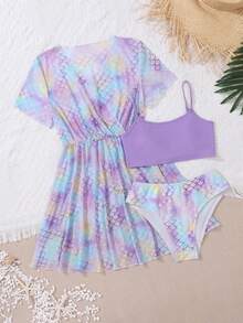 SHEIN 少女渐变美人鱼鱼鳞图案连体衣比基尼套装 (3 件) 夏日海滩 - 彩色 - 查看 7