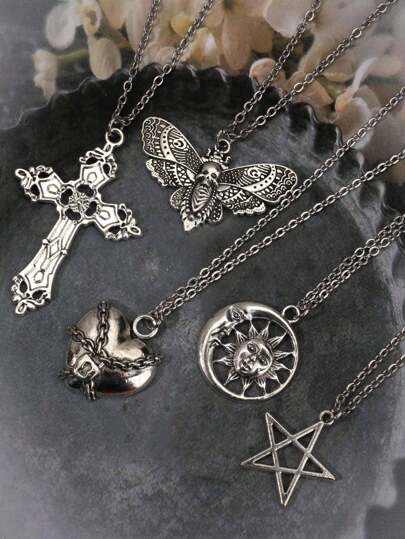 5pcs/Set Gothic Vintage Style Necklace Set Including Cross, Sun, Moon, Moth & Skull Pendant, Halloween