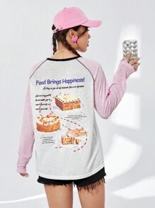 SHEIN Qutie 女款印花拼色插肩長袖 T 卹