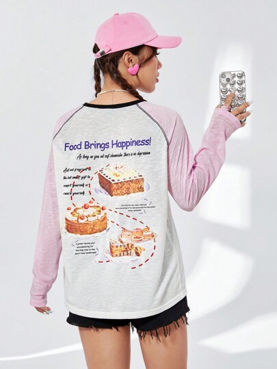 SHEIN Qutie Maglietta A Manica Lunga Raglan Con Stampa A Blocchi Di Colore Per Donne