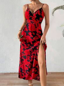 SHEIN Frenchy Women's Floral Print Split Hem Spaghetti Strap Dress - Red - View 1
