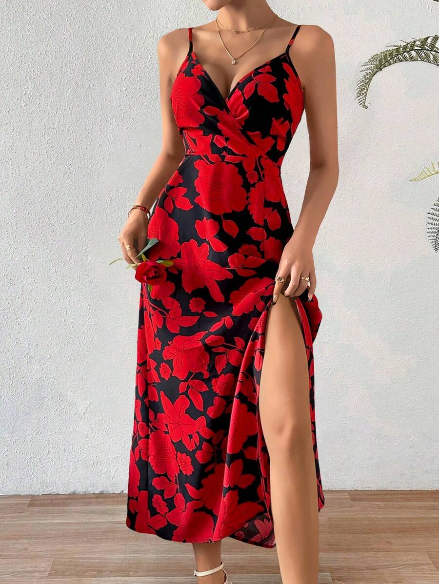 SHEIN Frenchy Women's Floral Print Split Hem Spaghetti Strap Dress - Red - View 1